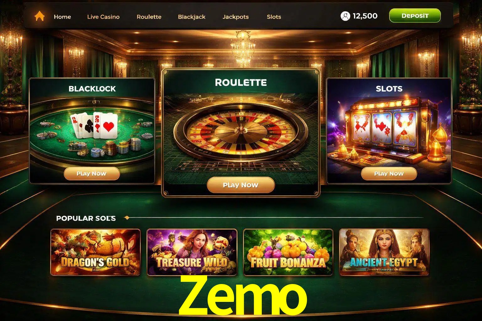 Vista de la plataforma Zemo Casino mostrando categorías organizadas de juegos en línea
