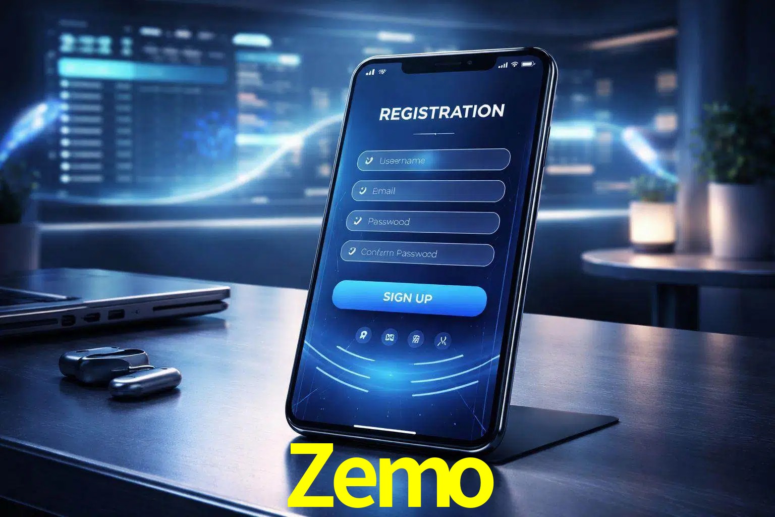 Una interfaz moderna de registro móvil para Zemo mostrada en un smartphone con un panel de apuestas elegante.